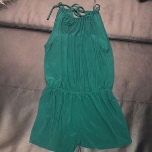 Emerald green scrunch waist romper with tie back
